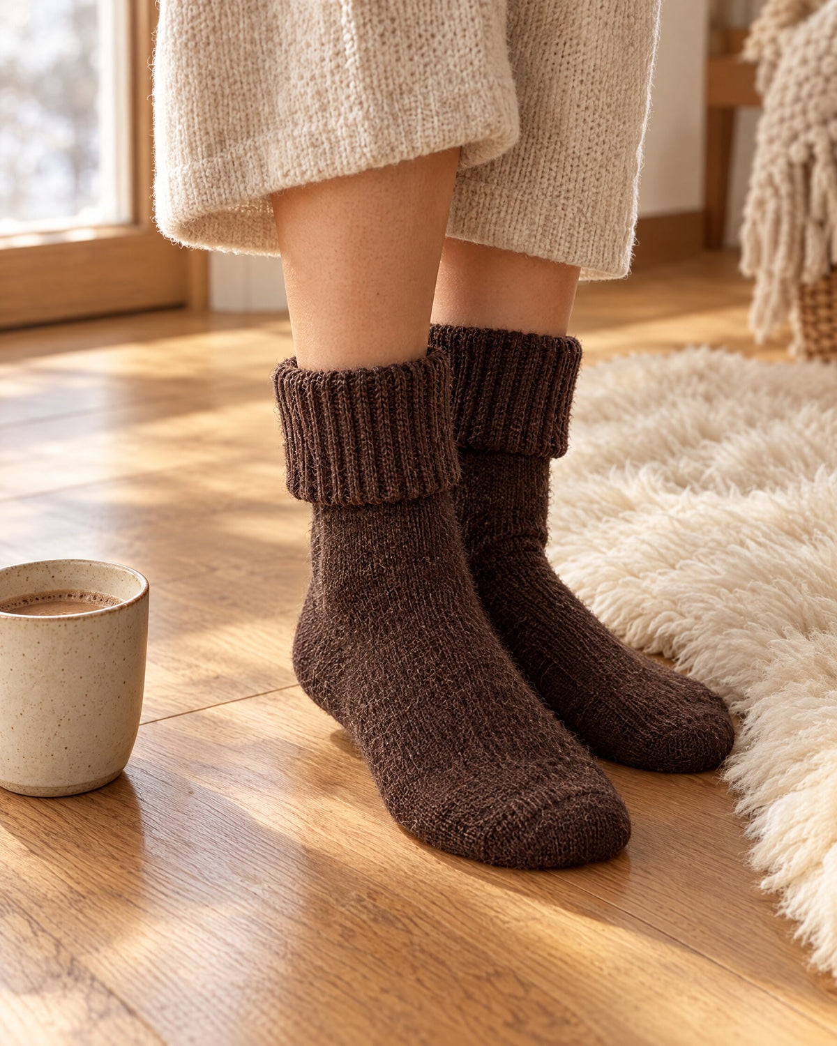 Brown socks with a folded cuff on a warm oak floor beside a sheepskin rug
