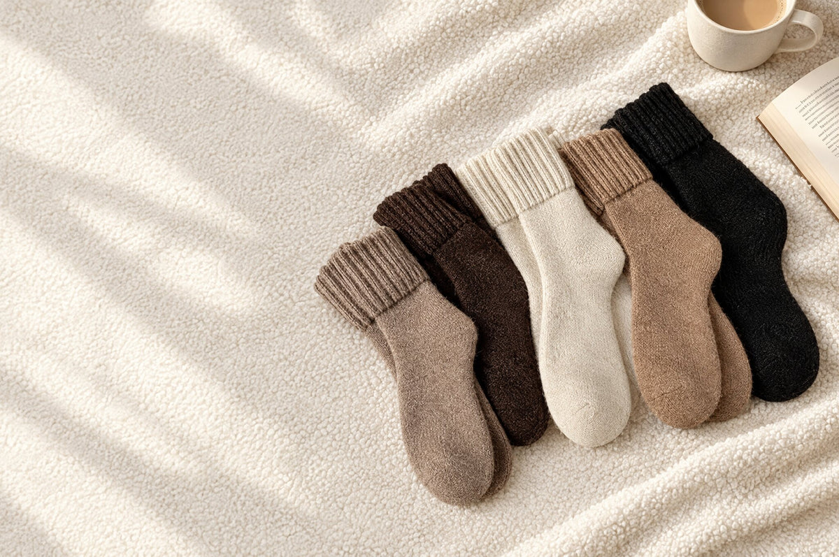 Hushfold socks in five warm neutrals fanned out on an ivory boucle throw