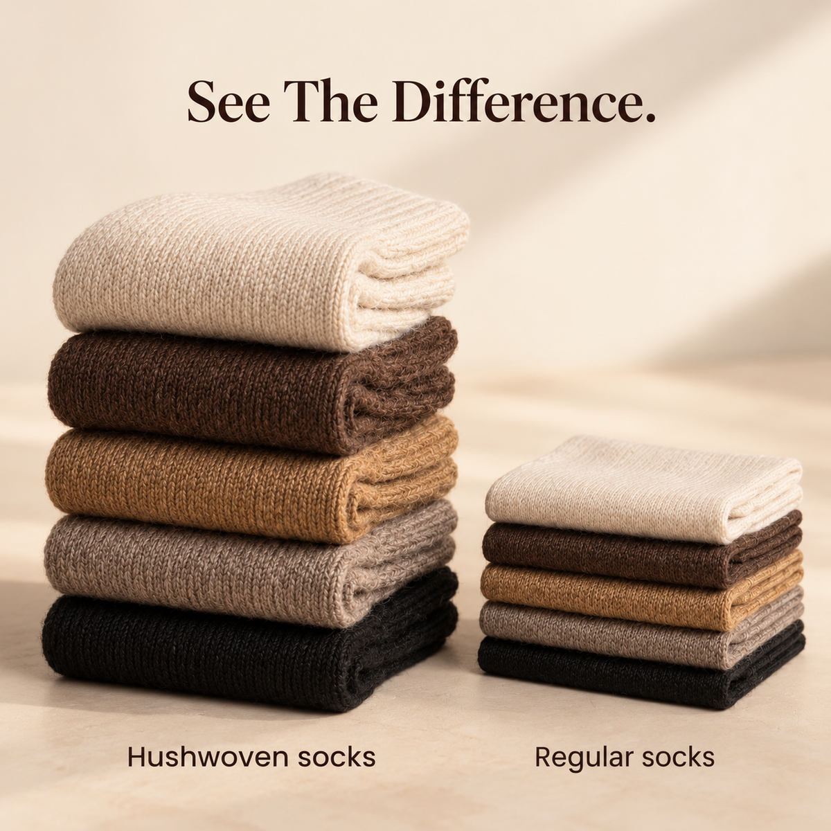 Stack of five folded Hushwoven socks next to a thinner stack of regular socks, showing the thicker knit
